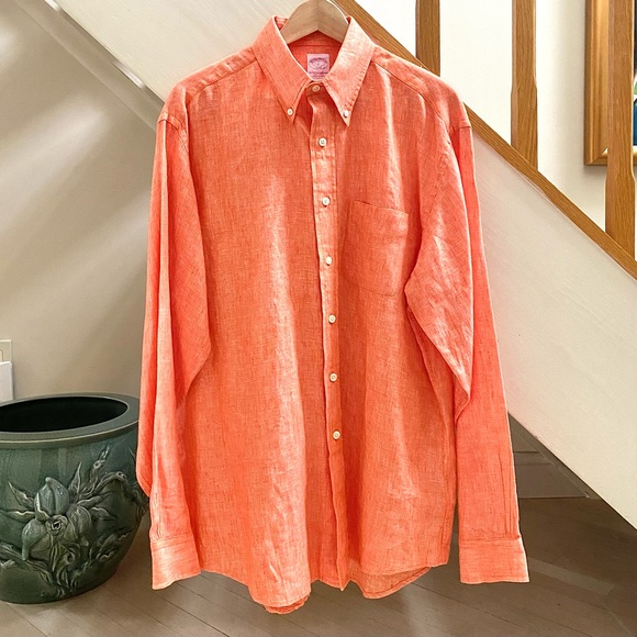 BROOKS BROTHERS 346 MEN’S 100% LINEN SHIRT ORANGE SIZE LARGE - Picture 2 of 15